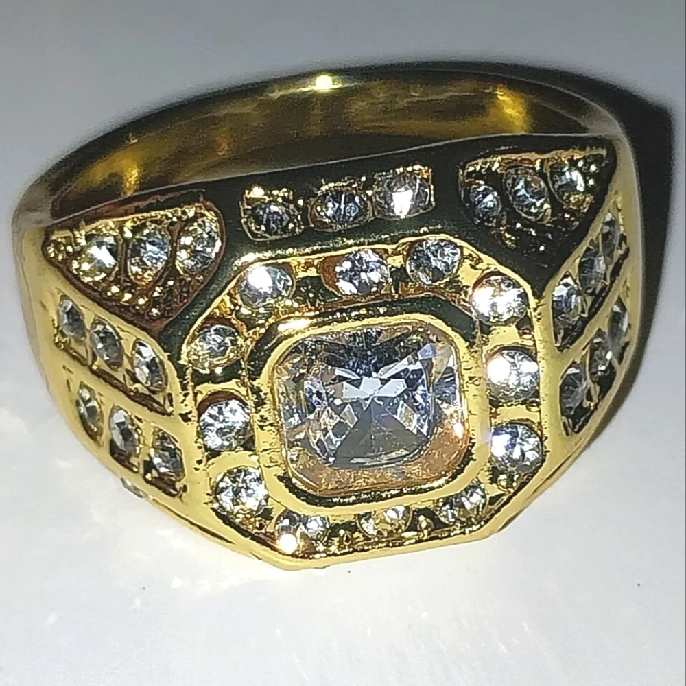 Classic Men's Gold and Silver Art Deco Ring with Diamond Accents Sz 11